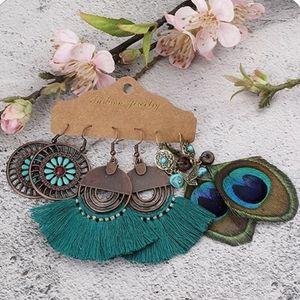 3 Pair Set Boho Chic Earrings Peacock Collection